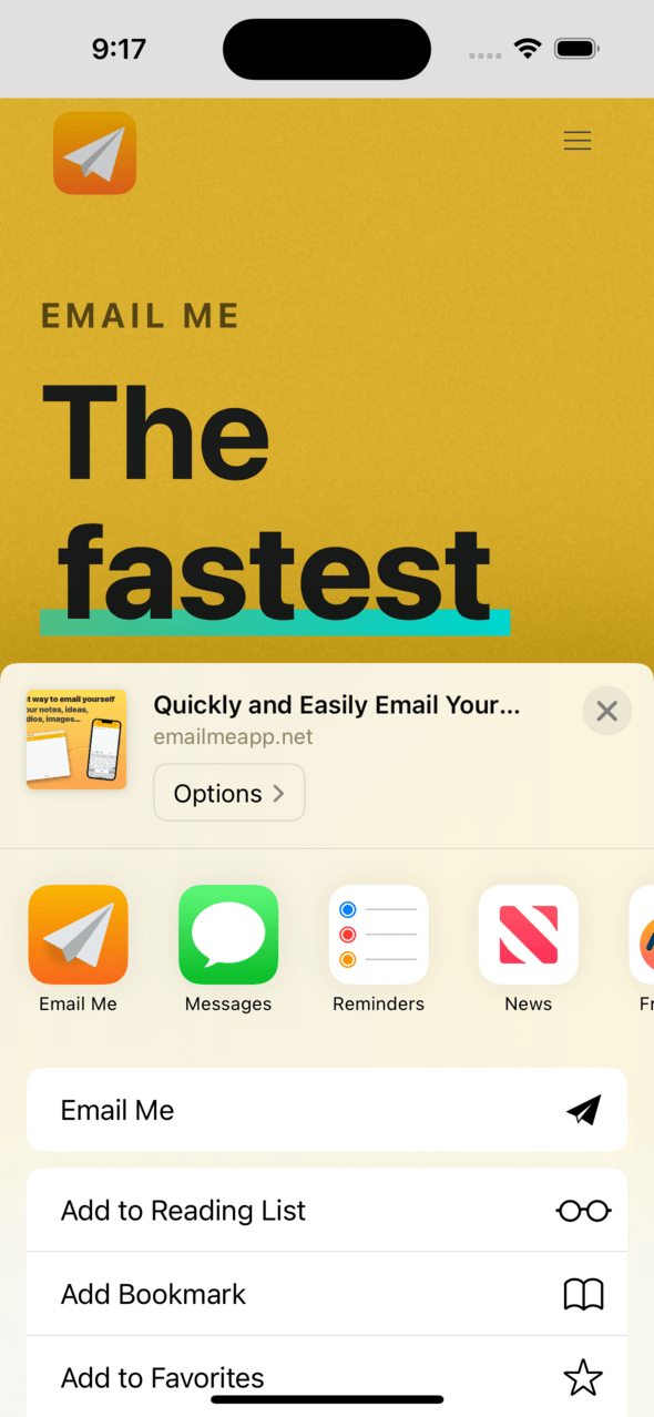 iOS Share Sheet menu showing how to add Email Me App for quick note sharing from any iPhone or iPad app