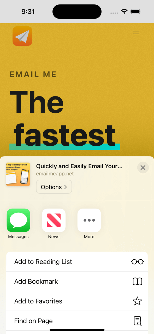 Email Me App icon visible in the iOS Share Sheet app list with the More button highlighted for accessing additional sharing options