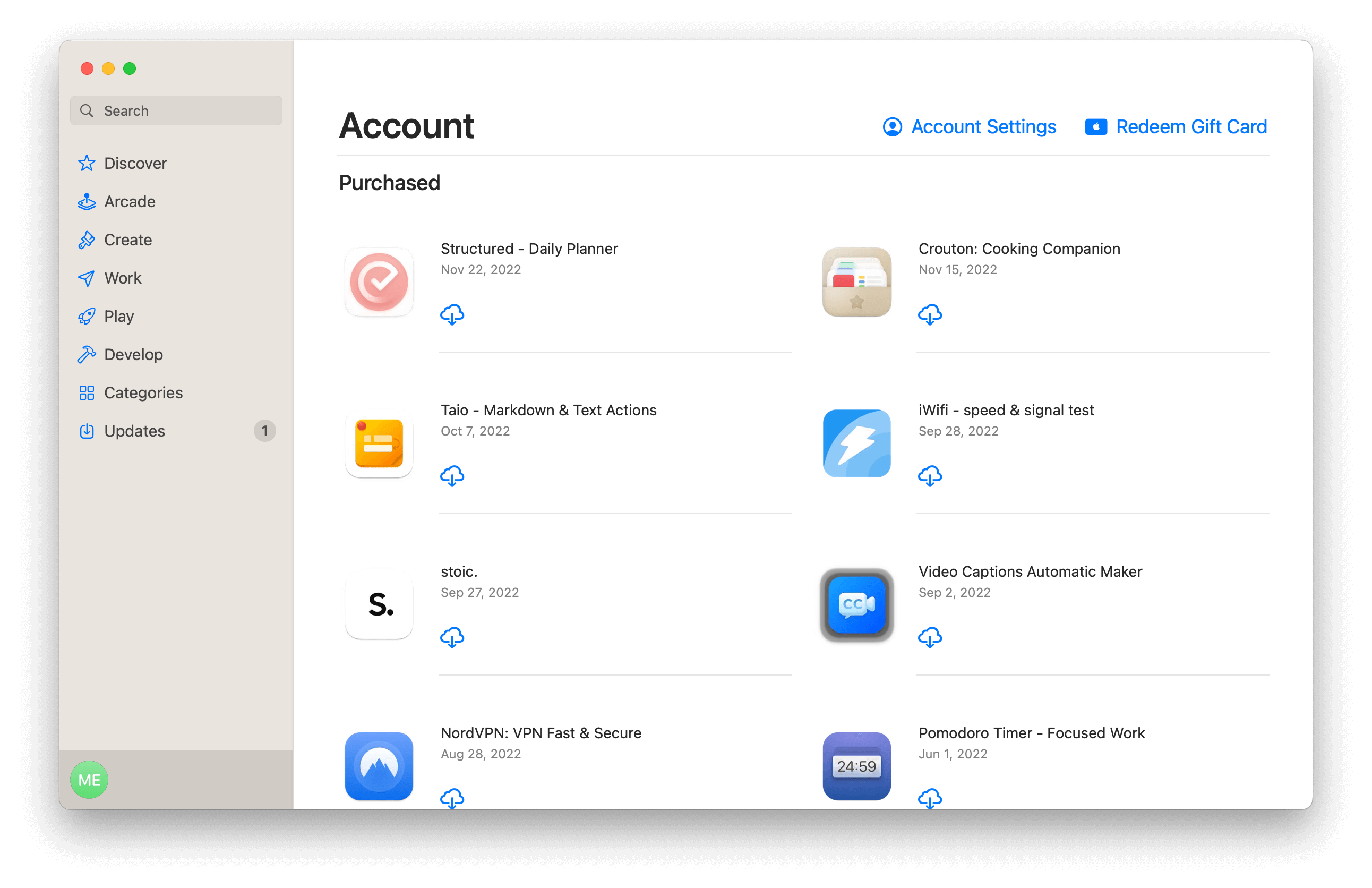 Mac App Store Account menu dropdown showing various account options including Redeem Code selection