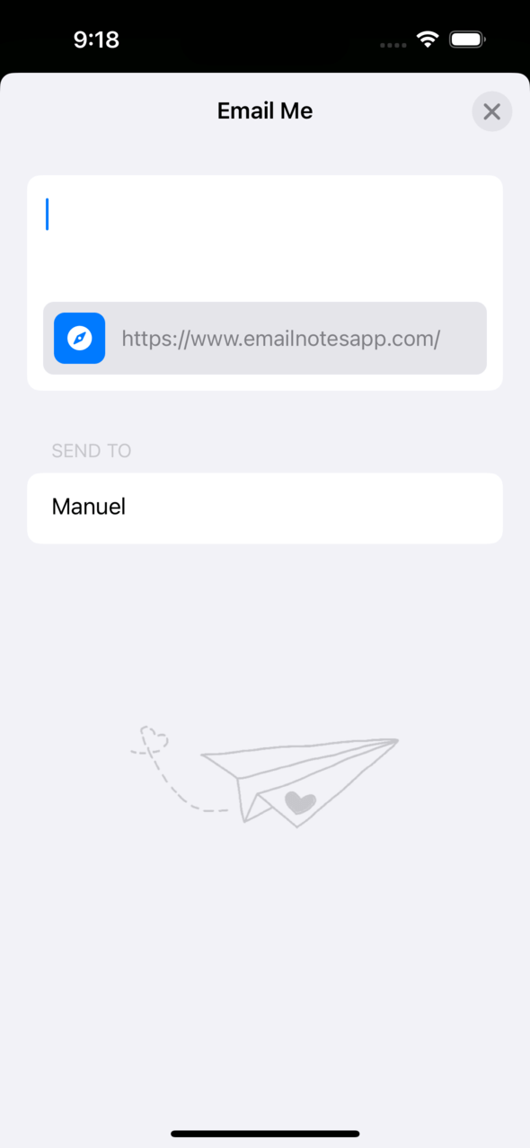 Email Me App integrada exitosamente en la sección de Favoritos de la hoja de compartir de iOS lista para compartir notas fotos y enlaces con un toque