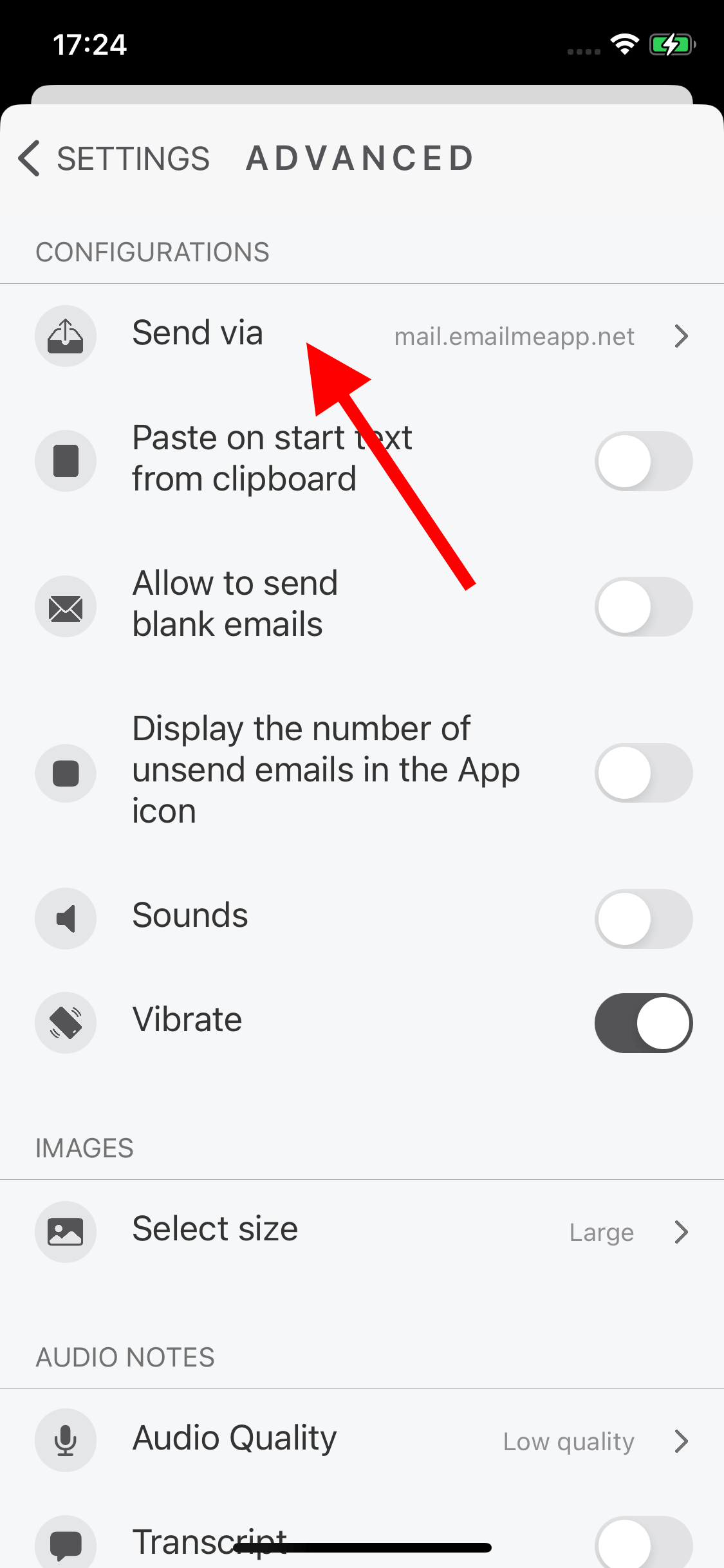 Pantalla Enviar vía de Email Me App para seleccionar Configuración SMTP de Gmail