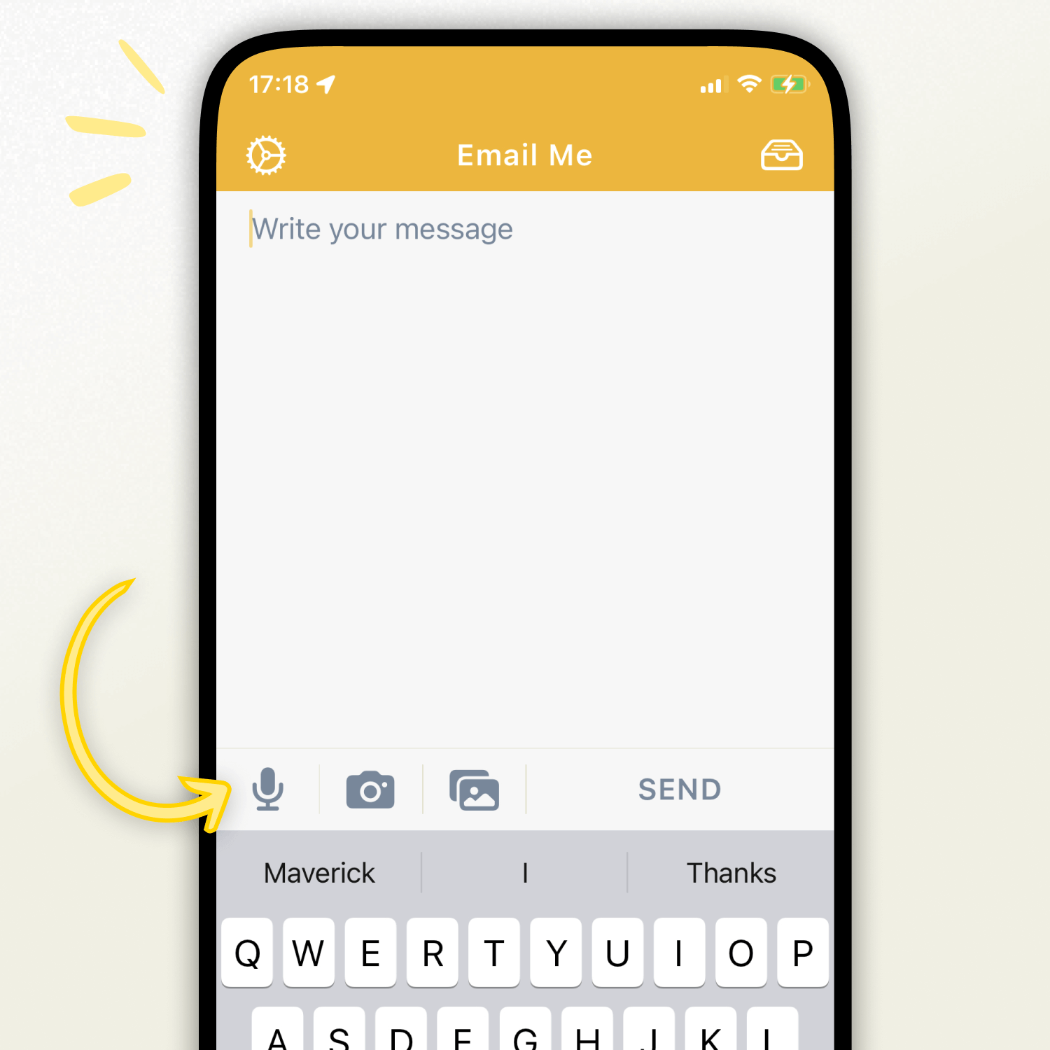Interfaz de grabación de voz de Email Me App en iPhone mostrando el botón de micrófono para captura instantánea de notas de audio y transcripción Interfaz de grabación de voz de Email Me App en iPhone mostrando el botón de micrófono para captura instantánea de notas de audio y transcripción
