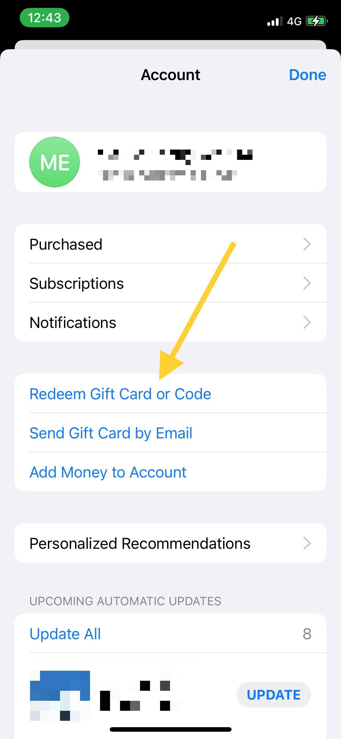 Página de cuenta de App Store mostrando la opción Canjear tarjeta o código de regalo en el menú para ingresar códigos promocionales de iOS
