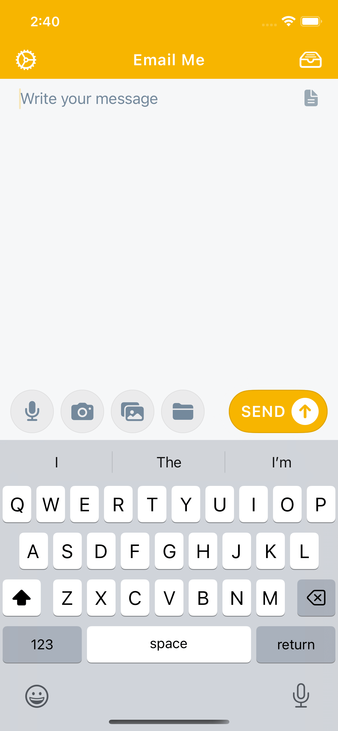 Interfaz principal de Email Me App demostrando el diseño simple de un toque para enviar instantáneamente notas y recordatorios a ti mismo sin escribir