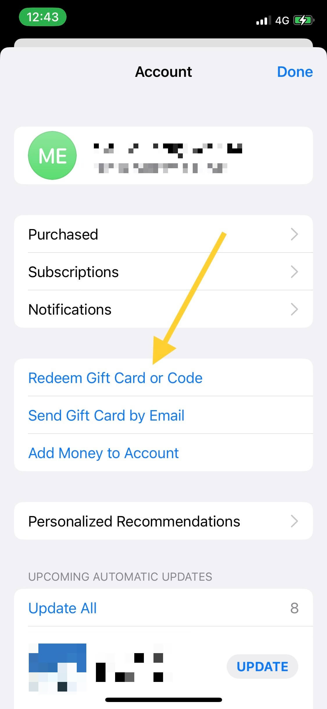 Scroll down to the Redeem Gift Card or Code section and tap on it