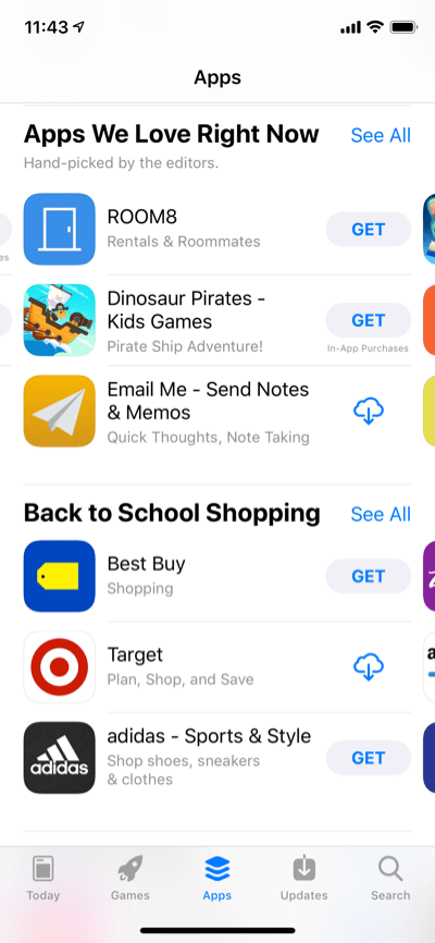 Email Me App featured by Apple in the App Store's Apps We Love section showcasing the app's recognition for excellence in note-taking and productivity