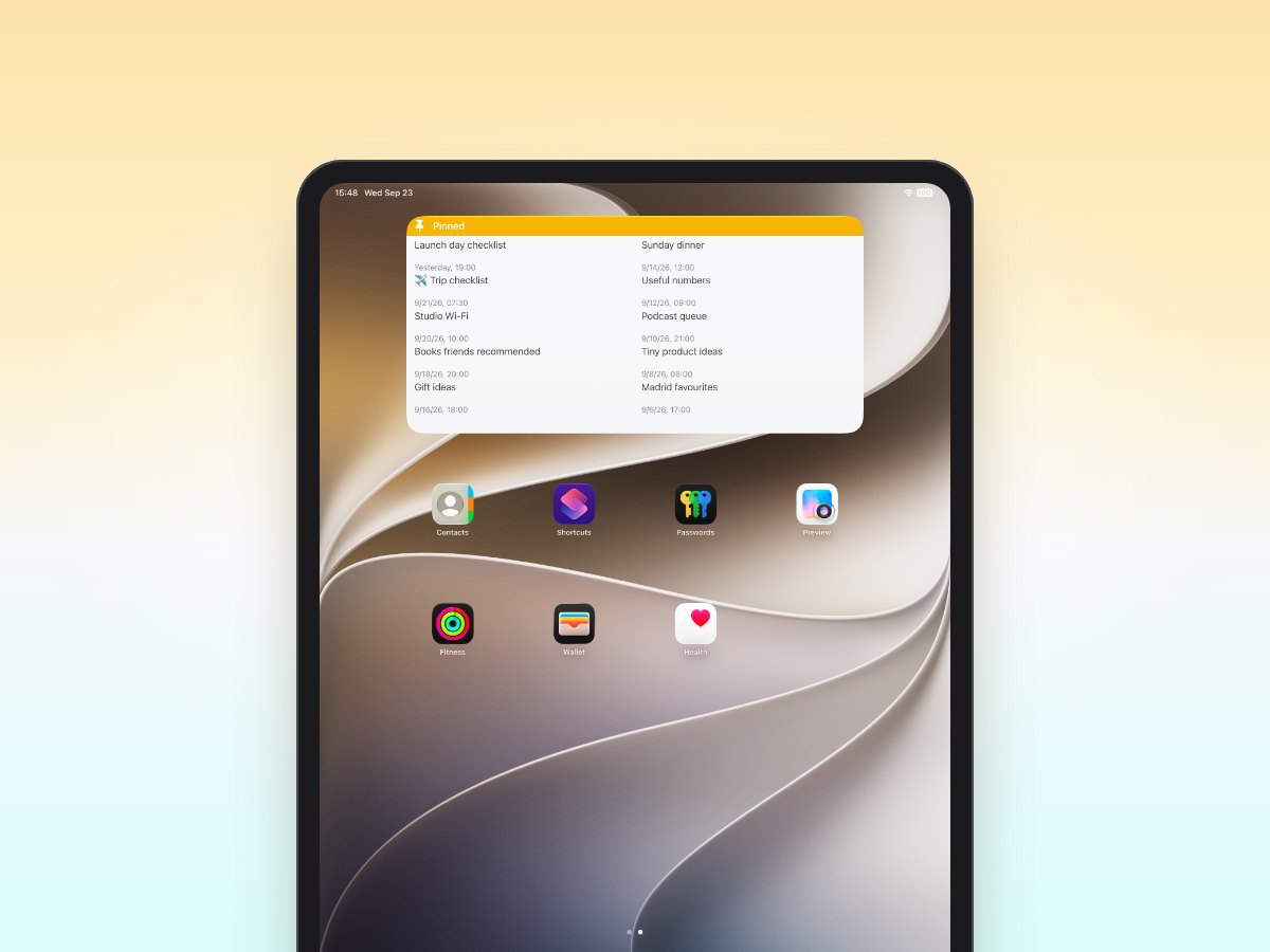 Email Me extra large widget with pinned notes on iPad