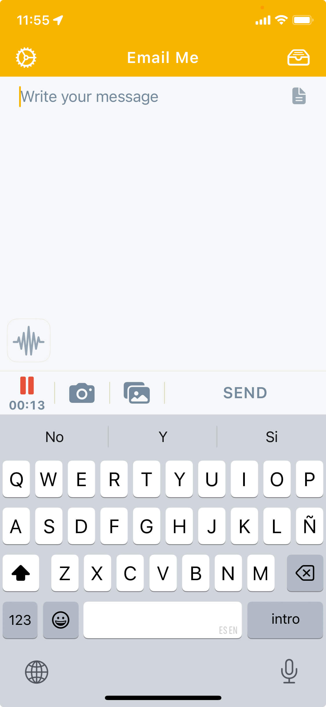 Email Me App voice dictation screen featuring one-tap recording button and real-time transcription for instant note capture