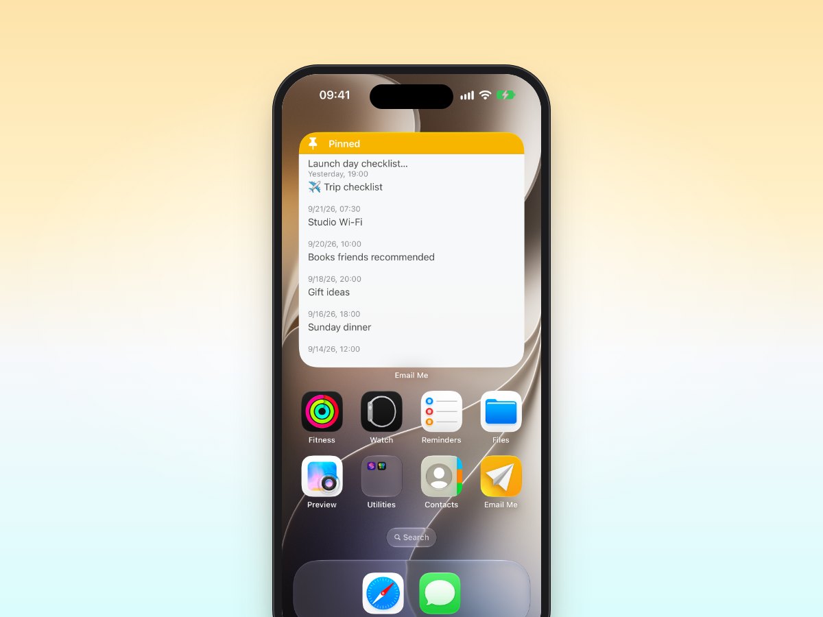 Email Me large widget with pinned notes on the iPhone Home Screen