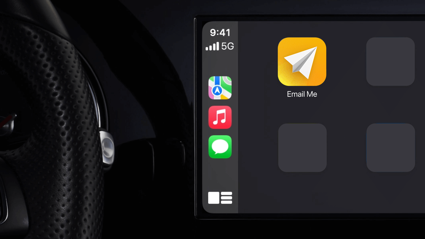 Email Me app icon on the CarPlay Home Screen ready to start hands-free voice notes while driving Email Me app icon on the CarPlay Home Screen ready to start hands-free voice notes while driving