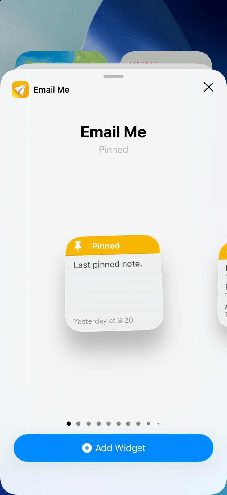 iOS Widget-Galerie mit den Email Me Widget-Größen und dem Widget-hinzufügen-Button für den Home-Bildschirm iOS Widget-Galerie mit den Email Me Widget-Größen und dem Widget-hinzufügen-Button für den Home-Bildschirm
