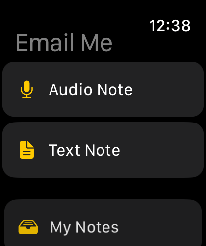 Email Me App auf einer Apple Watch, bereit zum Erfassen von Audio- und Textnotizen vom Handgelenk Email Me App auf einer Apple Watch, bereit zum Erfassen von Audio- und Textnotizen vom Handgelenk