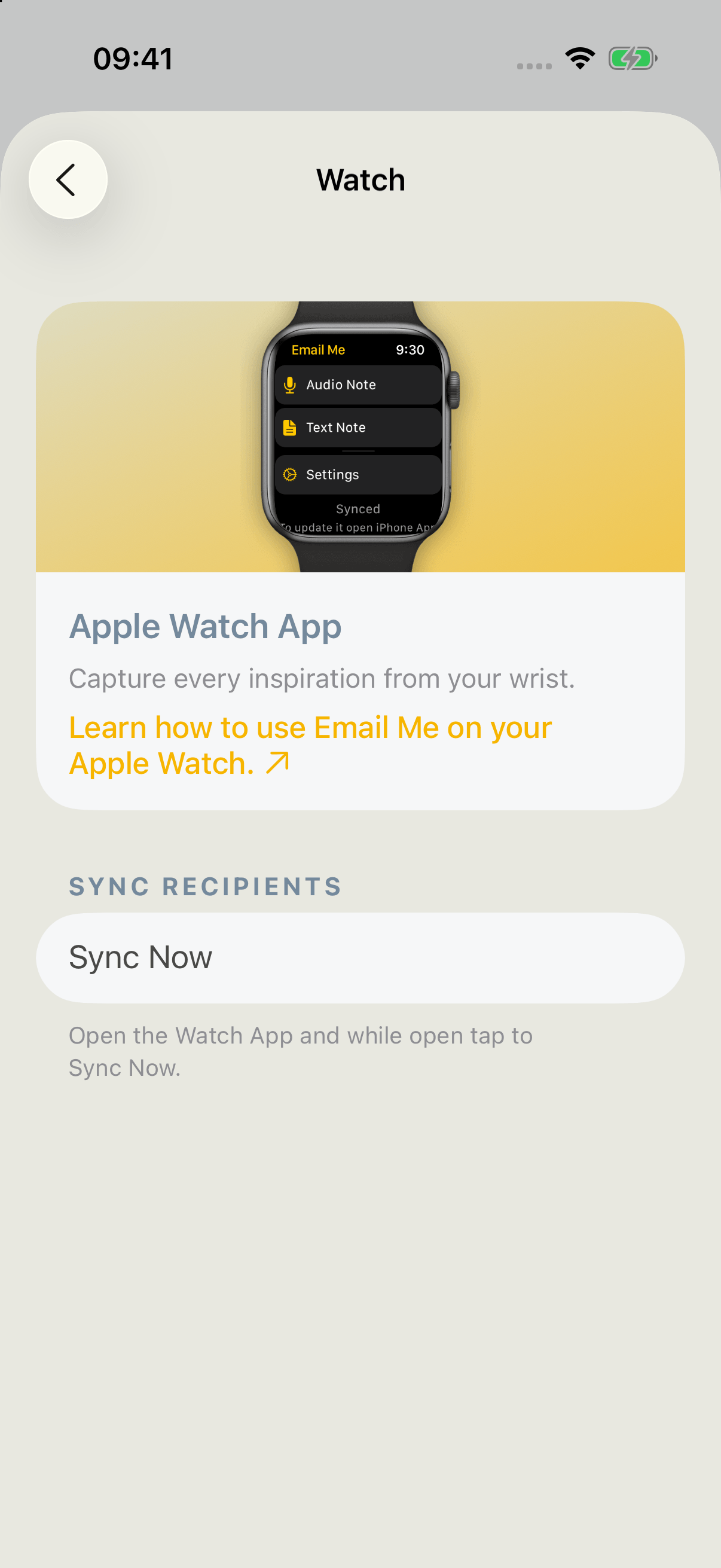 Email Me iPhone-Einstellungen mit dem Watch-Sync-Bildschirm und dem Jetzt-synchronisieren-Button zum Übertragen der Empfänger auf die Apple Watch Email Me iPhone-Einstellungen mit dem Watch-Sync-Bildschirm und dem Jetzt-synchronisieren-Button zum Übertragen der Empfänger auf die Apple Watch