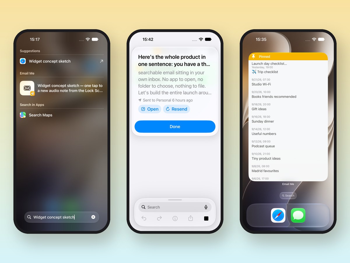 Email Me on iOS 27: a note in Spotlight search, a Siri note card with Open and Resend, and the extra-large pinned notes widget
