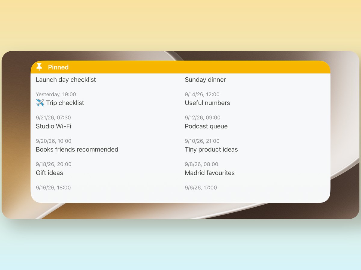 The extra-large Email Me widget on iPad showing pinned notes in two columns