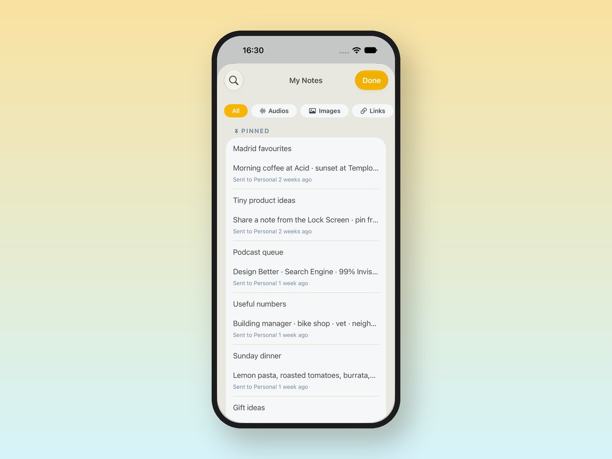 My Notes on iPhone filtered to pinned notes