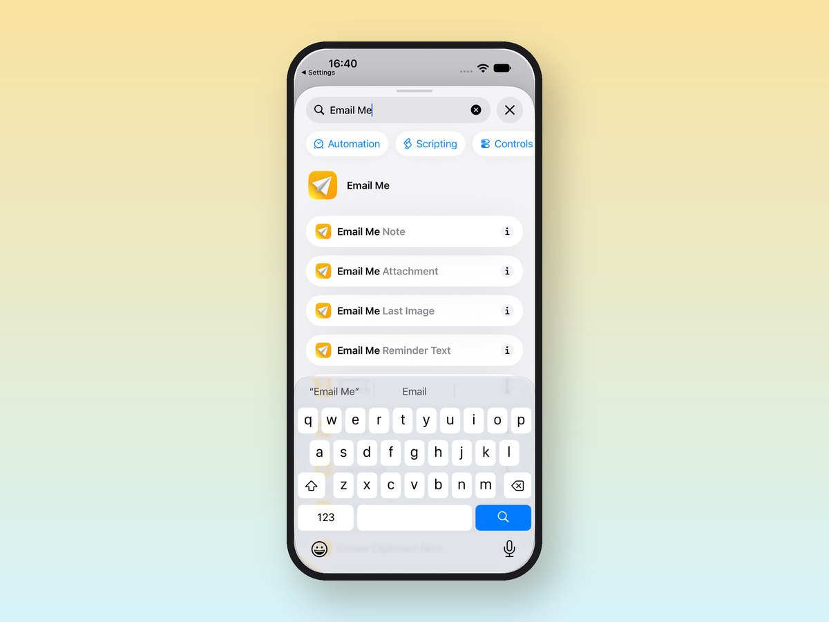 The Email Me actions in the iOS 27 Shortcuts app