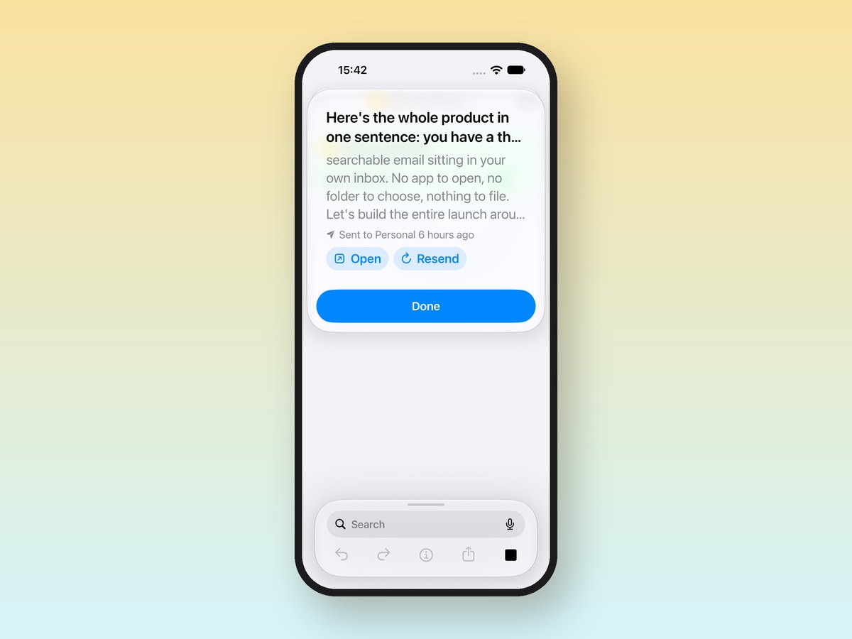 A Siri note card on iOS 27 showing an Email Me note with Open and Resend buttons