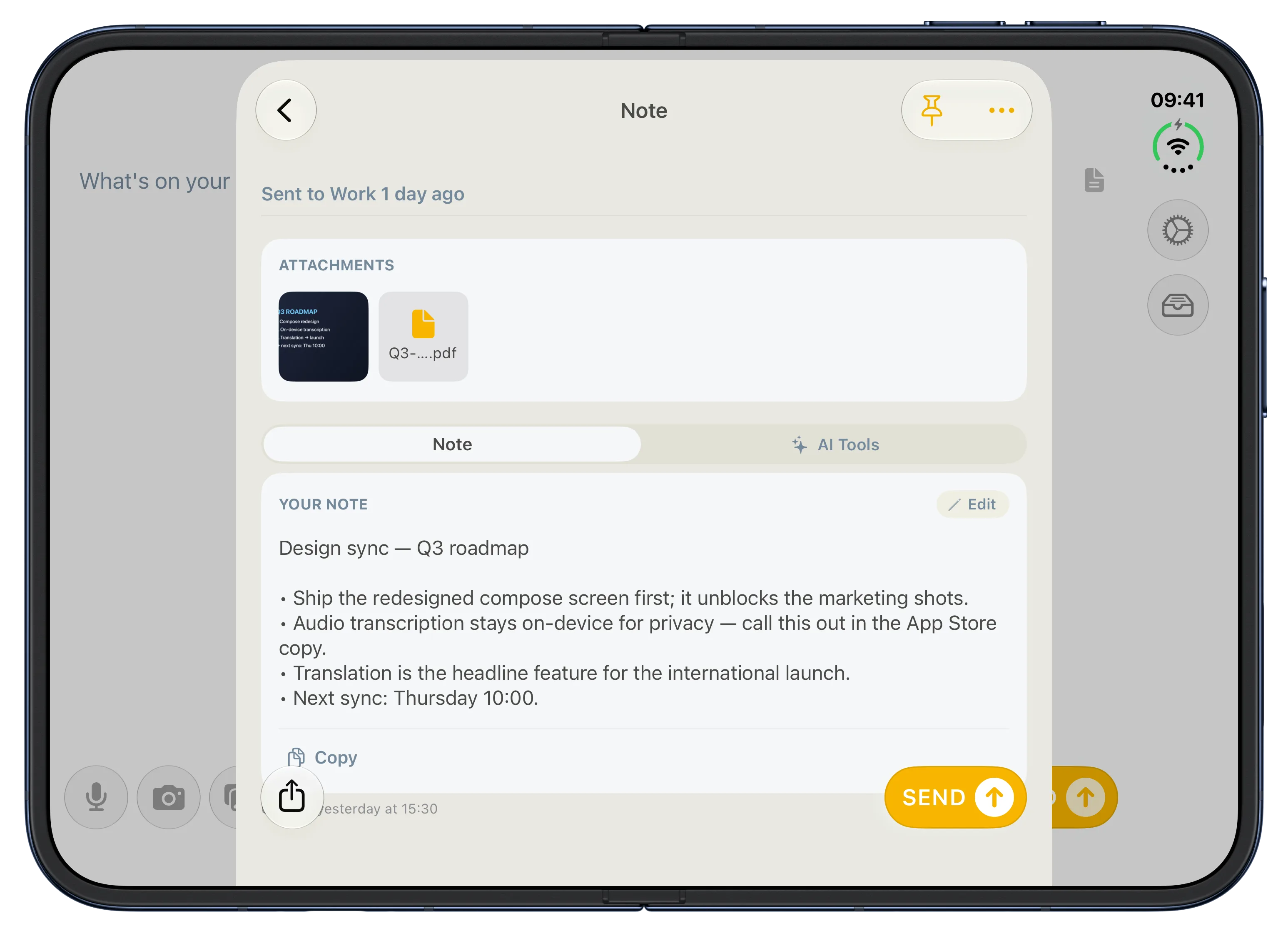 A saved meeting note and attachments in Email Me on the open iPhone Duo