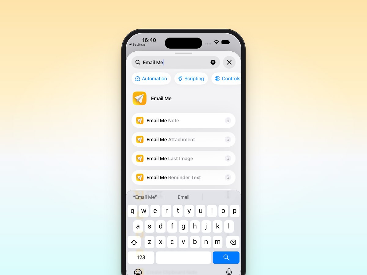 Email Me actions in the Shortcuts app on iPhone