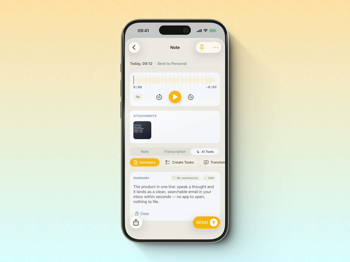 Email Me 7.0 note view with a built-in audio player and AI Tools: summary, create tasks and translate Email Me 7.0 note view with a built-in audio player and AI Tools: summary, create tasks and translate