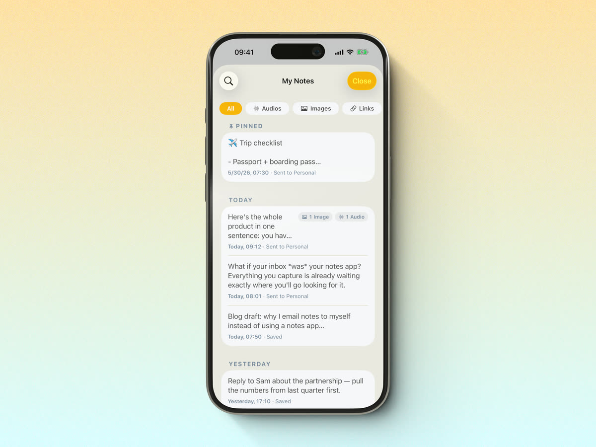 Email Me notes list with filters for all, audios, images and links Email Me notes list with filters for all, audios, images and links