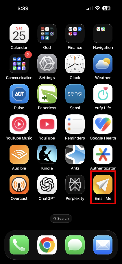 Steve Kahle's iPhone home screen dock with the Email Me app highlighted in the bottom-right corner